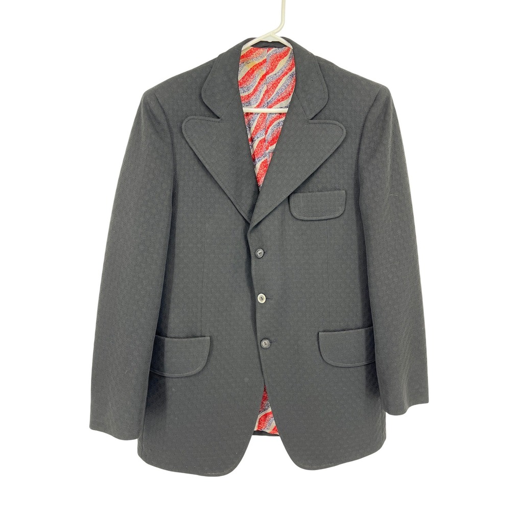 Vintage 70s LeBaron California Clothes Black Blazer Psychedelic Lining Mens 42R‎